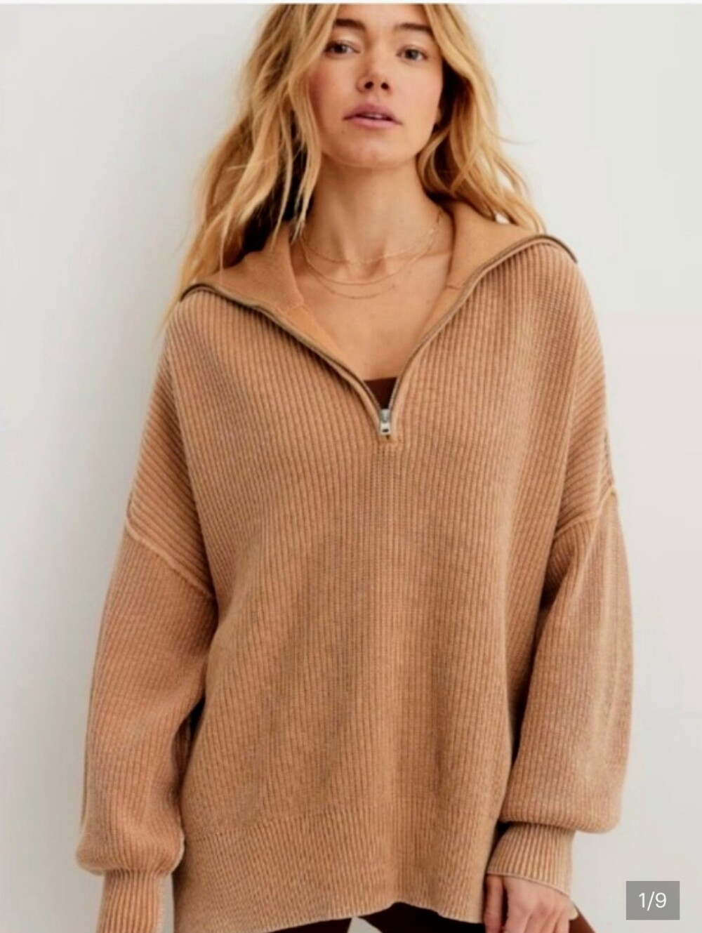 Aerie Beyond Ribbed Oversized Quarter Zip Beach Dune Tan Pullover Sweater XL